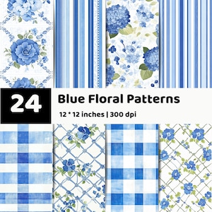 May include: A digital collection of 24 blue floral patterns featuring various designs including stripes, gingham checks, and lattice grids with blue flowers and green leaves. The text reads 24 Blue Floral Patterns, 12 * 12 inches | 300 dpi.