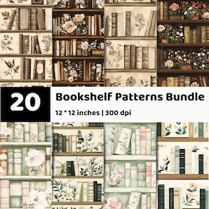 May include: A digital collection of 20 bookshelf patterns featuring various arrangements of books and floral illustrations. The text 20 Bookshelf Patterns Bundle 12 * 12 inches | 300 dpi is displayed on a black and white background.