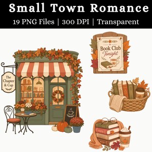 Small Town Romance Clipart Bundle | Cozy Autumn Bookish PNG Set | Reader Graphics Download