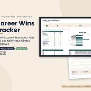 Brag Sheet Spreadsheet, Career Wins Tracker, Performance Review Prep, Accomplishment Log, Resume Bullet Builder, Excel Google Sheets