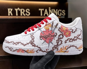Custom Sacred Heart Sneakers, Hand Painted Rose and Flame Sneakers, Gothic Rose Flame Shoes, Unique Christian Gift.