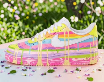 Custom Pastel Rainbow Drip Sneakers, Hand Painted Melting White Shoes, Colorful Design Shoes, Personalized Gift for Her Him.