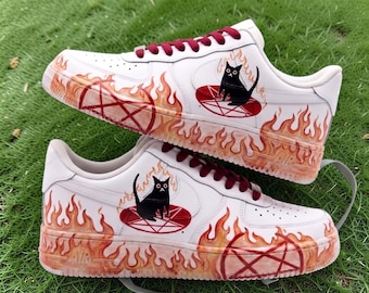 Custom Black Cat Sneakers, Hand Painted Cat Fire Shoes, Witchy Cat Halloween Sneakers, Gift for Cat Lovers.