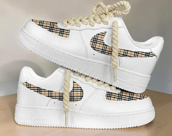 Custom Plaid Design Sneakers, Hand Painted Sneakers, White Custom Design Shoes, Personalized White Sneakers, Unique Gift for Her Him.