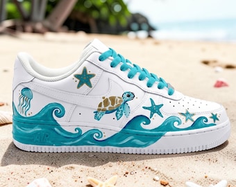 Custom Sea Turtle Sneakers, Hand-Painted Marine Life and Waves White Shoes, Turquoise Ocean Sneakers, Beach Vibes Footwear.