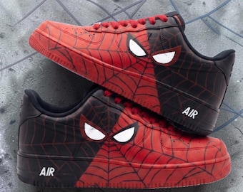 Custom Red Black Web Pattern Sneakers, Hand Painted Superhero Sneakers, Red Black Comic Shoes, Unique Gift for Men Women.