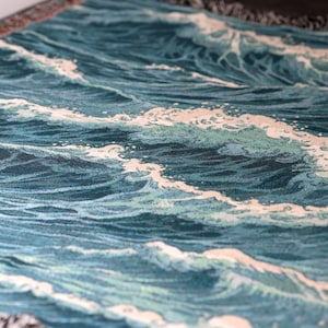 100% Cotton Ocean Waves Woven Blanket | Moody Ocean Tapestry | Beach House & Coastal Decor | Pacific Northwest Inspired