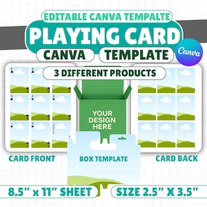 May include: A Canva template for playing cards, featuring a card front, card back, and box template. The design includes the text "PLAYING CARD CANVA TEMPLATE" and "3 DIFFERENT PRODUCTS". The sheet size is 8.5" x 11", and the card size is 2.5" x 3.5".