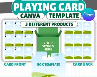 Paquete de plantillas de Canva para cartas de juego / Cartas de póker editables + plantilla de troquelado para caja / Diseño de anverso y reverso de la carta / Carta imprimible de 2,5 x 3,5 pulgadas
