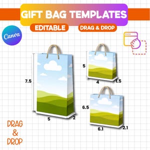 Op de afbeelding: Cadeautassen sjablonen met een landschapsontwerp. De tassen zijn er in drie maten, de grootste is 19 cm hoog, 13 cm breed en 5 cm diep. De tekst "GIFT BAG TEMPLATES", "EDITABLE" en "DRAG & DROP" wordt weergegeven.