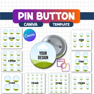 Puede incluir: Imagen promocional para plantillas de botones de solapa. El botón central muestra un diseño de paisaje y el texto "YOUR DESIGN". Se muestran varios tamaños, incluyendo 6,35 cm, 5,08 cm, 7,62 cm y más.