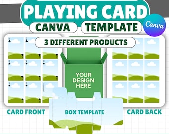 Paquete de plantillas de Canva para cartas de juego / Cartas de póker editables + plantilla de troquelado para caja / Diseño de anverso y reverso de la carta / Carta imprimible de 2,5 x 3,5 pulgadas