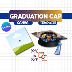 May include: An image featuring a graduation cap with a tassel, a Canva logo, and the words "Graduation Cap Canva Template." The image also includes a graphic with the words "Drag & Drop."