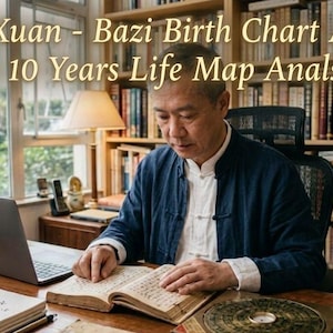Op de afbeelding: Een Aziatische man zit aan een bureau en leest een boek, met een laptop en andere boeken in de buurt. De tekst "Master Xuan - Bazi Birth Chart Analysis & 10 Years Life Map Analysis" is zichtbaar. Boekenplanken en een raam zijn op de achtergrond.