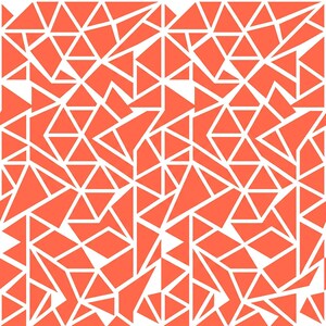 Może przedstawiać: Abstrakcyjny wzór geometryczny z koralowymi trójkątami i nieregularnymi kształtami na białym tle. Projekt tworzy nowoczesną estetykę, odpowiednią do różnych zastosowań. Powtarzający się wzór.