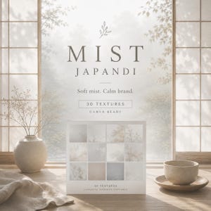 May include: A product display featuring a box set of 30 textures with a Japanese-inspired theme, labeled "MIST JAPANDI." The box is displayed near a window with a soft, misty background. The text "Soft mist. Calm brand" is also visible.