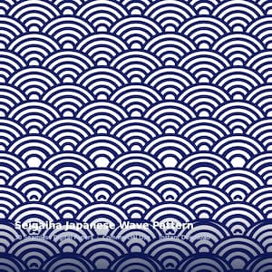 Puede incluir: Un diseño de papel digital sin costuras con un patrón repetitivo de arcos concéntricos azul marino y blancos, que se asemejan a las olas del océano. El texto "Seigaiha Japanese Wave Pattern" está en la parte inferior.