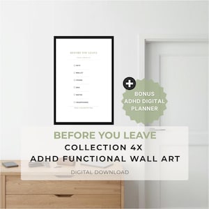 Könnte beinhalten: Ein gerahmter Zettelkasten mit der Aufschrift „Bevor Sie gehen“ mit einem schwarzen Rahmen, der an einer weißen Wand hängt. Die Checkliste enthält Elemente wie Schlüssel, Brieftasche und Telefon. Darunter steht „Before You Leave Collection 4x ADHD Functional Wall Art Digital Download“.