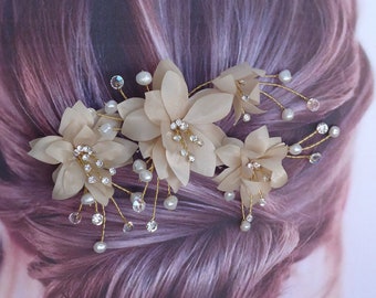 Champagne Flowers, Set of 3, Bridal Headpiece, Wedding Hair Pins,Bridal Hairpiece, J409