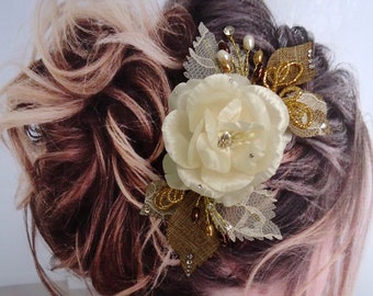 Bridal Hair Comb, Bridal Headpiece, Burlap Lace Comb, Burlap Rose Comb, C800