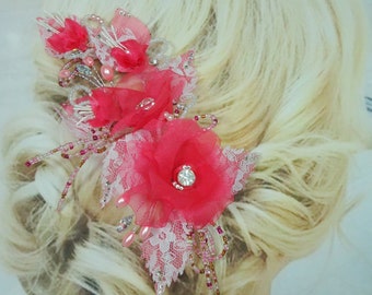 Hot Pink Rose Clip, Wedding Headpiece, Bridal Rose Clip, G415