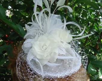 White Mini Hat, Pure Silk Delphinium, Fascinator Veil Hat, H3023