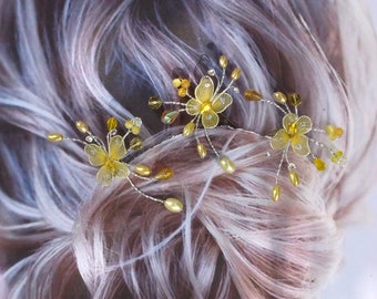 Papillons d'or jaune, ensemble de 3, épingles à cheveux de mariée, épingles de cheveux de papillon, J188