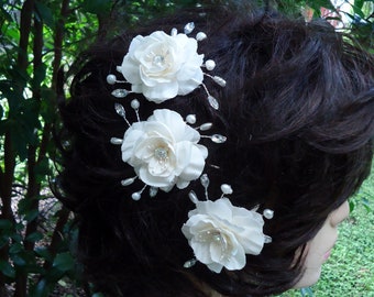 Wedding Hair Flowers, Ivory Cream Flower Pins, Set of 3, Mini Hair Roses, Flower Hair Pins, 15371