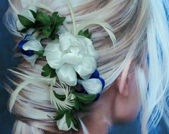 White Blue Flower Clip, Bridal Headpiece, Flower Hair Clip, G387