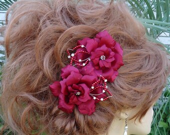 Rose Gardenia, Red Rose Gardenia, Set of 2, Red Hair Clips, Red Charmeuse Flowers, REX17393