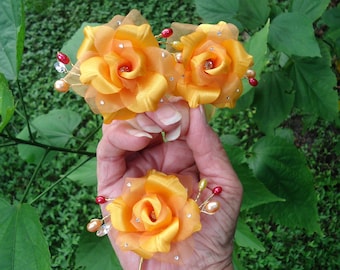 Bridal Hair Pins, Rose Hair Pins, Orange Roses, Set of 3, Wedding Accessories, Any Color, J404