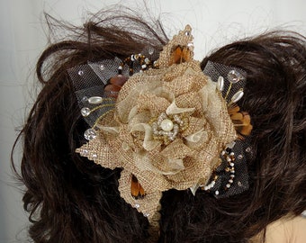 Bridal Fascinator, Burlap Hair Clip, Bridal Headpiece, Brown Hairpiece, Burlap Flower Headpiece, 16310