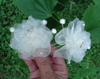 Bridal Hair Pins, Ivory Hair Pins, Set of 2, Organza Hair Pins, Wedding Accessories, 15370