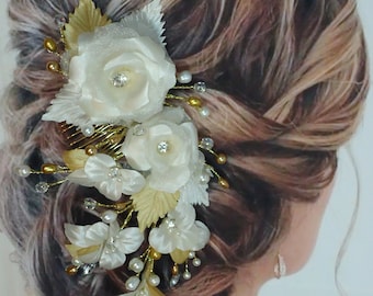 SALE, Bridal Hair Piece, Pearl Bridal Hair Comb, Floral Bridal Comb, Ivory Gold Hair Comb, C789