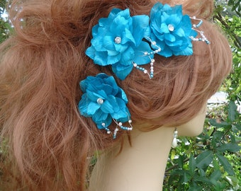 Delphinium Hair Flowers, Set of 3, Turquoise Hair Pins, Charmeuse Delphinium Pins, 17392