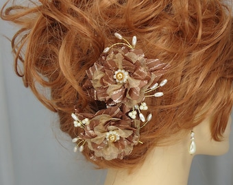 Bronze Hair Pins, Set of 2, Flower Hair Pins, Gold Honey Flowers, Brown Hair Pins, 15212