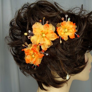 Orange Yellow Hair Pins, Delphinium Hair Pins, Set of 3, Hair Flower Pins, 15220 image 1