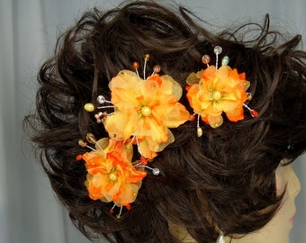 Orange Yellow Hair Pins, Delphinium Hair Pins, Set of 3, Hair Flower Pins, 15220