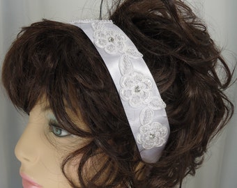 Bridal Headband, Wedding Headpiece, Beaded Headband, Lace Headband, Satin Headband, Tie On Headband, White or Ivory, 16385