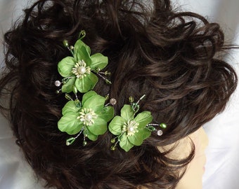 Wedding Hair Flowers, Lime Green Hair Pins, Mini Hair Flowers, Set of 3, G371, Wedding Accessories