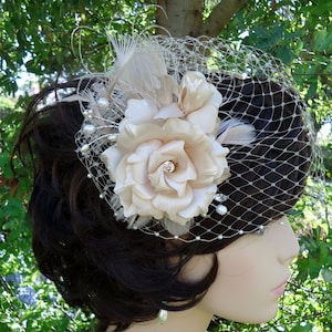 Bridal Hair Set, Bridal Veil Set, Pearl Edge Birdcage, Detachable Gardenia, B3043