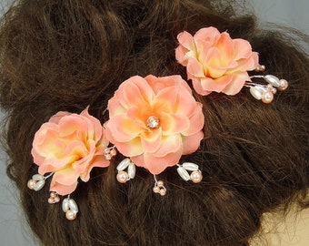 Bridal Hair Pins, Peach Roses, Set of 3, Bridal Hair Accessories, REX14-127