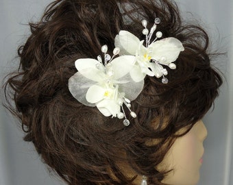 Wedding Hair Pins, Orchid Hair Pins, Set of 2,  Ivory Orchids, 14-118