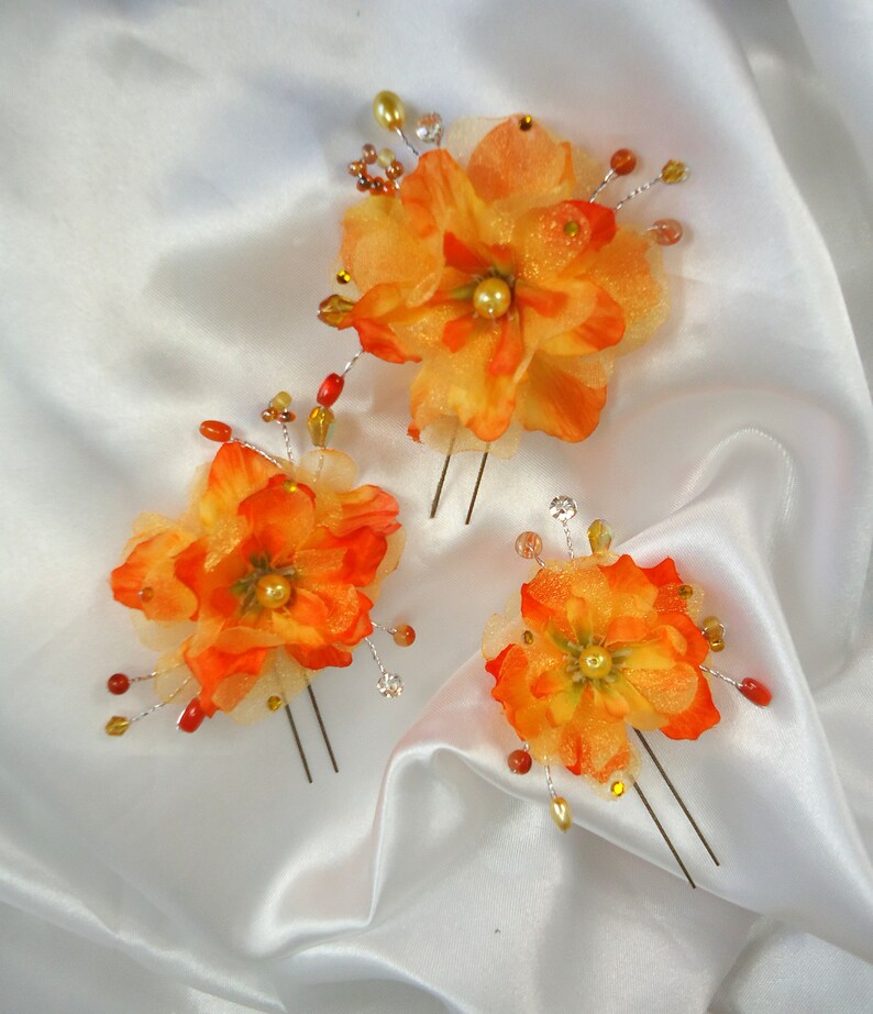 Orange Yellow Hair Pins, Delphinium Hair Pins, Set of 3, Hair Flower Pins, 15220 image 2