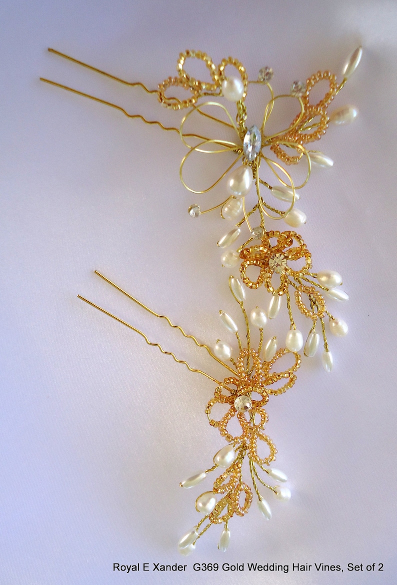 Headdress Accessory Vintage Headpiece Gold Wedding Hair Pin Vines Set of 2 G369 Boho Bridal Vines