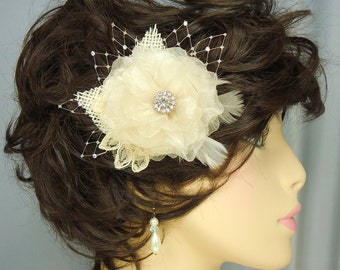 Bridal Hair Clip, Champagne Fascinator, Organza Bridal Clip, 14150