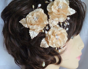 Wedding Hair Flowers, Rose Hair Pins, Set of 3, Champagne Roses, Mini Hair Roses, Charmeuse Hair Pins, Wedding Accessories, REX16-371