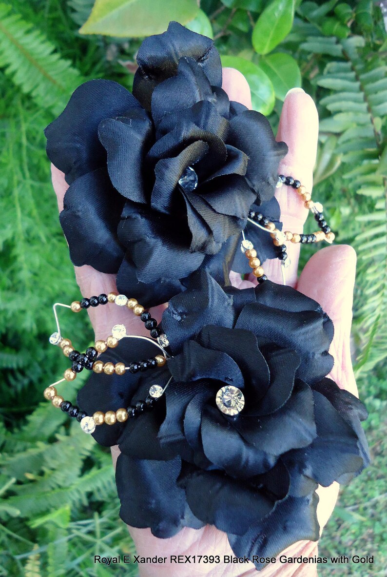 Black Hair Clips Set of 2 REX17393 Rose Gardenia Black Rose Gardenia Black Charmeuse Flowers