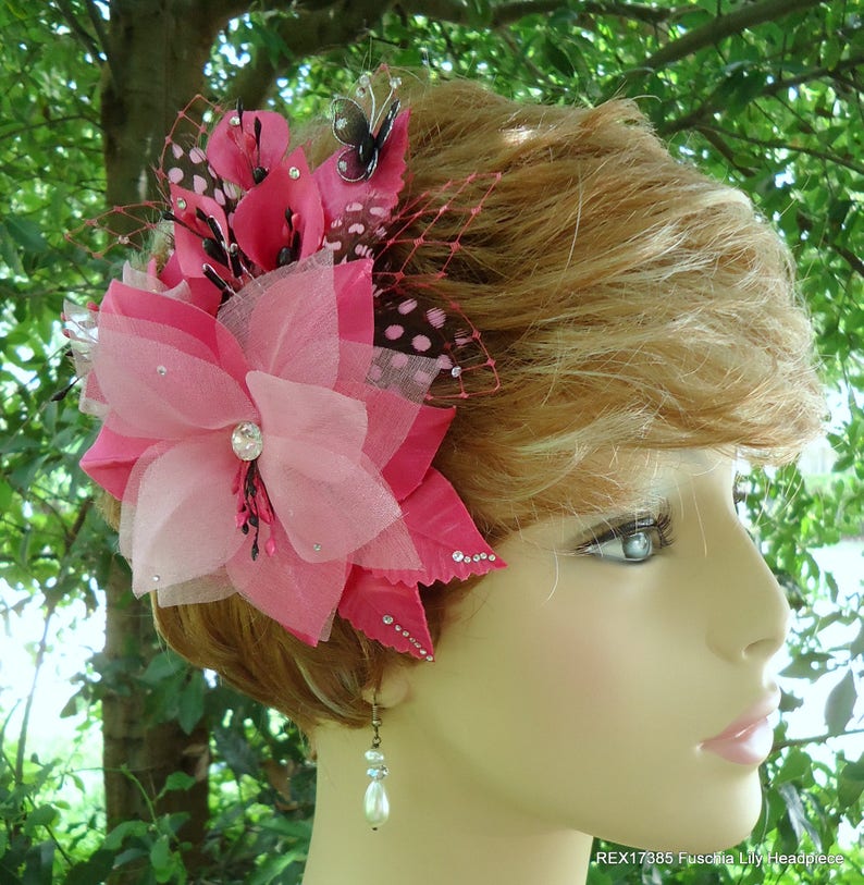 Wedding Hair Lily, Fuchsia Headpiece, Pink Black Flower, REX17385 image 3