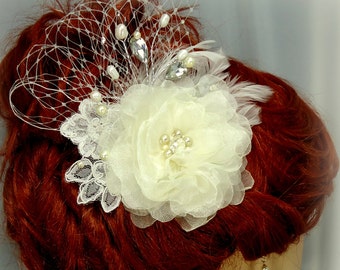 Bridal Fascinator, Ivory Flower Clip, Bridal Headpiece, Wedding Accessory, REX210